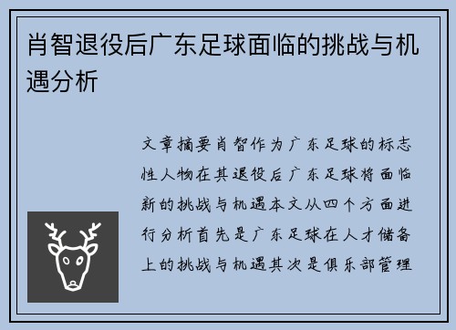 肖智退役后广东足球面临的挑战与机遇分析