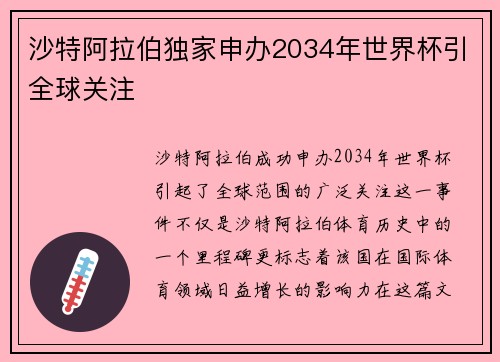 沙特阿拉伯独家申办2034年世界杯引全球关注