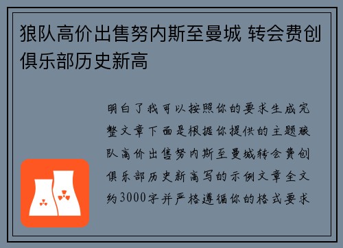 狼队高价出售努内斯至曼城 转会费创俱乐部历史新高