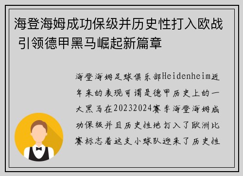 海登海姆成功保级并历史性打入欧战 引领德甲黑马崛起新篇章